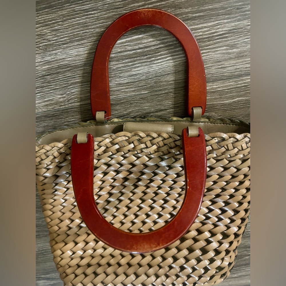 Fossil Vintage Brown  Woven Leather Purse Hand Bag With Wooden Handle Bohemian - Picture 8 of 10